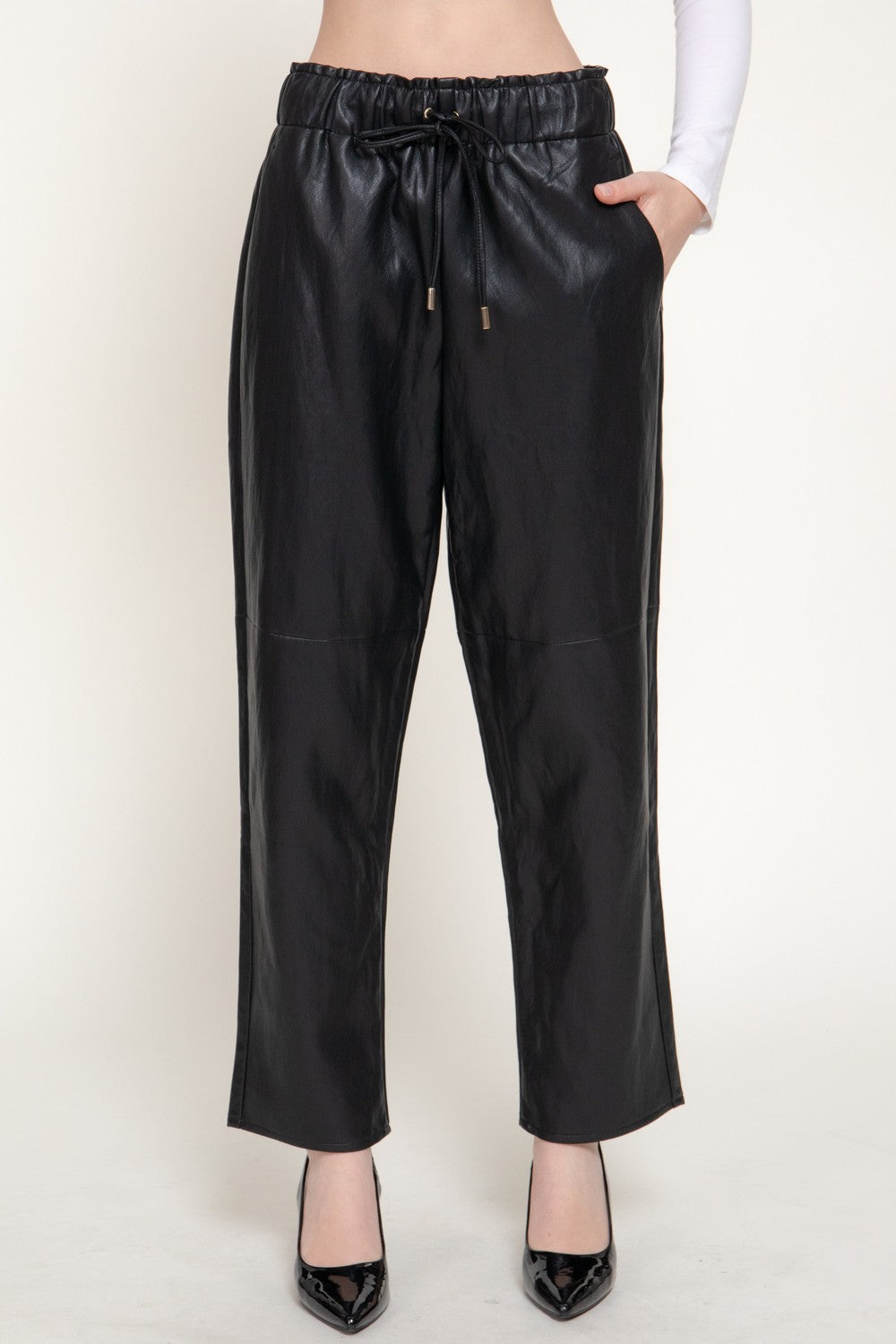 Elastic Waist Texture Faux Leather Pants