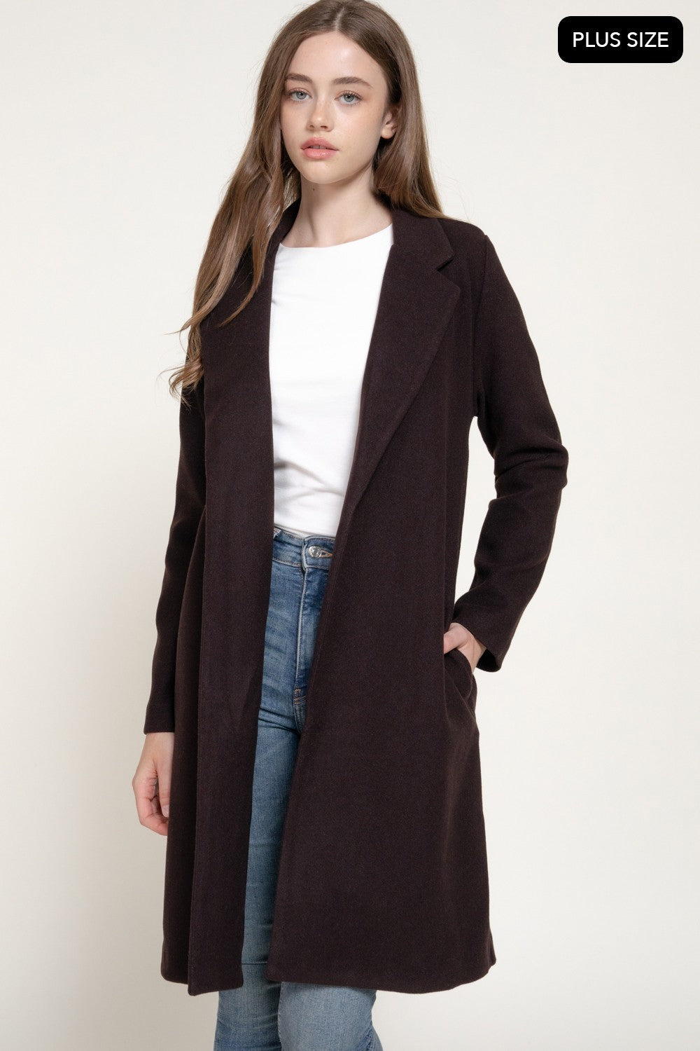 Long Slv Open Front Soft Felt Long Coat
