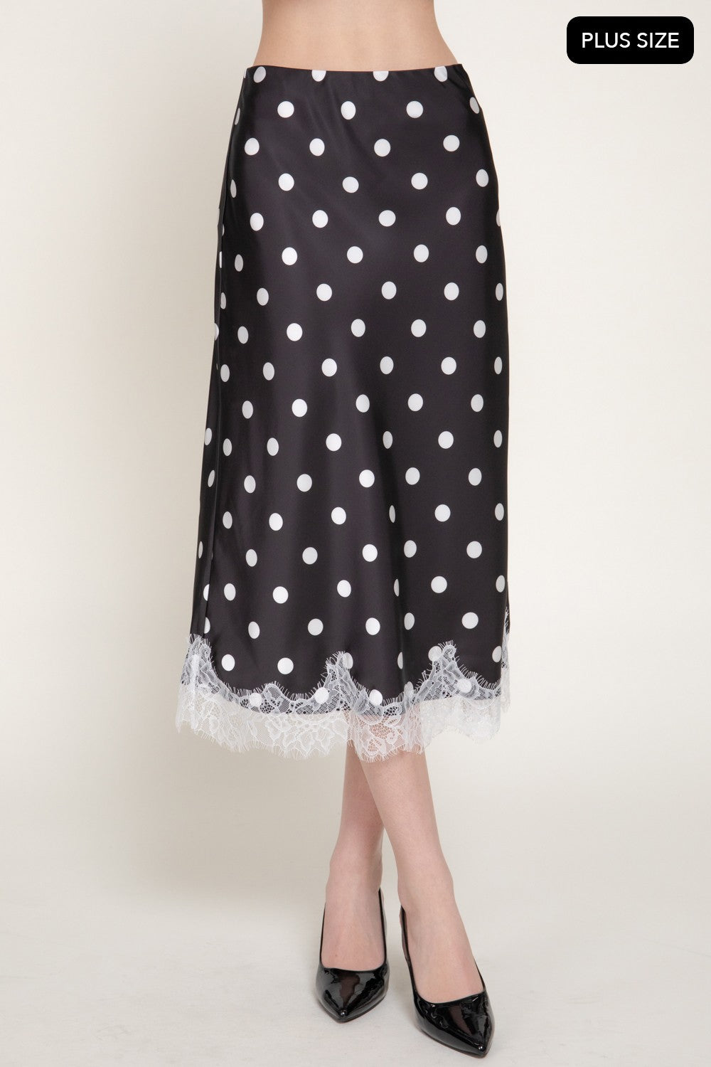 Tonal Lace Trim Dot Print Satin Midi Skirt