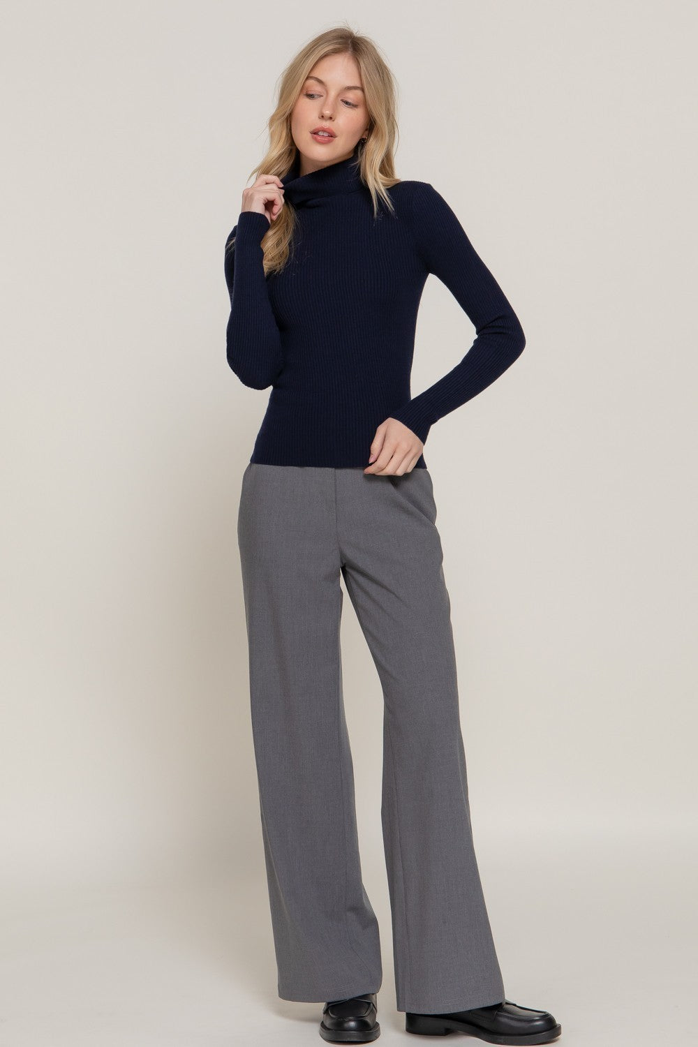 Turtle Neck Fitted Viscose Rib Sweater Top