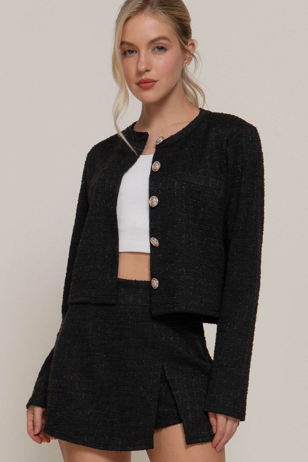 Long Sleeve Button Down Tweed Jacket