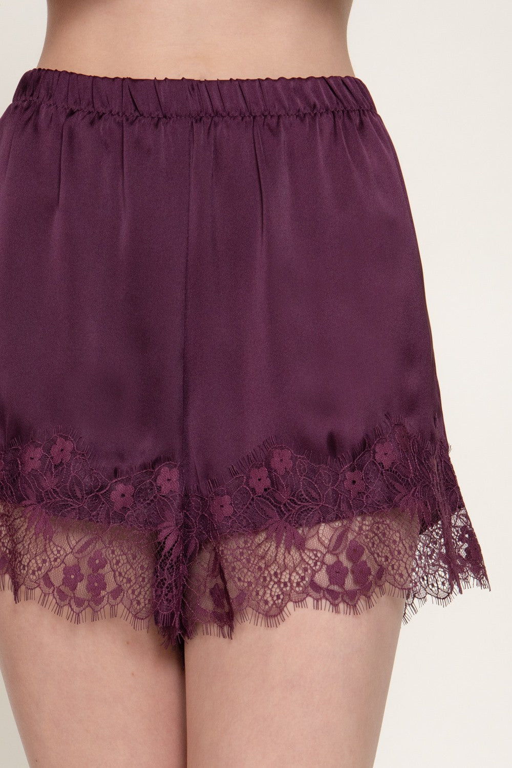 Waistband Lace Trim Satin Shorts