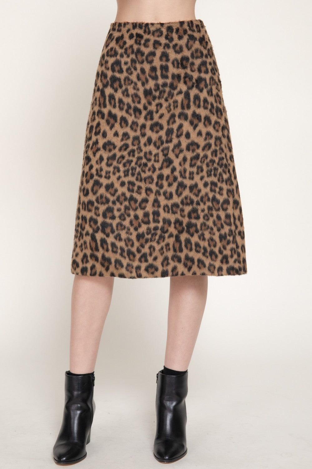 Leopard Print Hairy Wool-like Midi Skirt