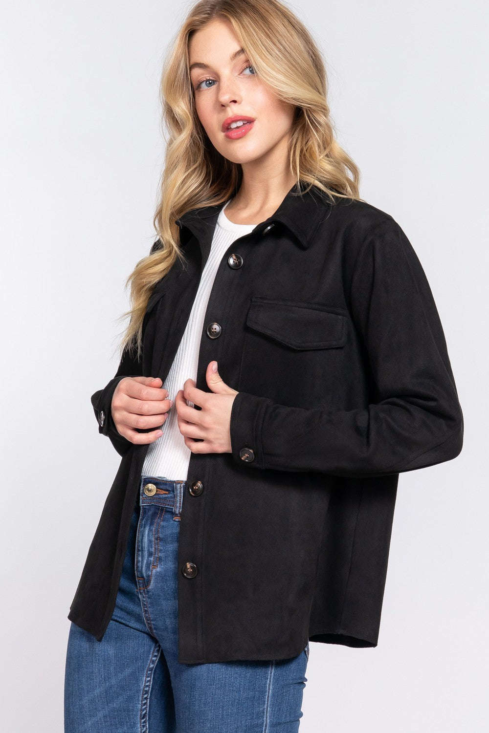 Long Sleeve Loose Fit Faux Suede Shacket