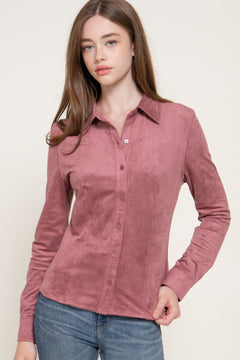 Long Sleeve Stretch Faux Suede Shirt