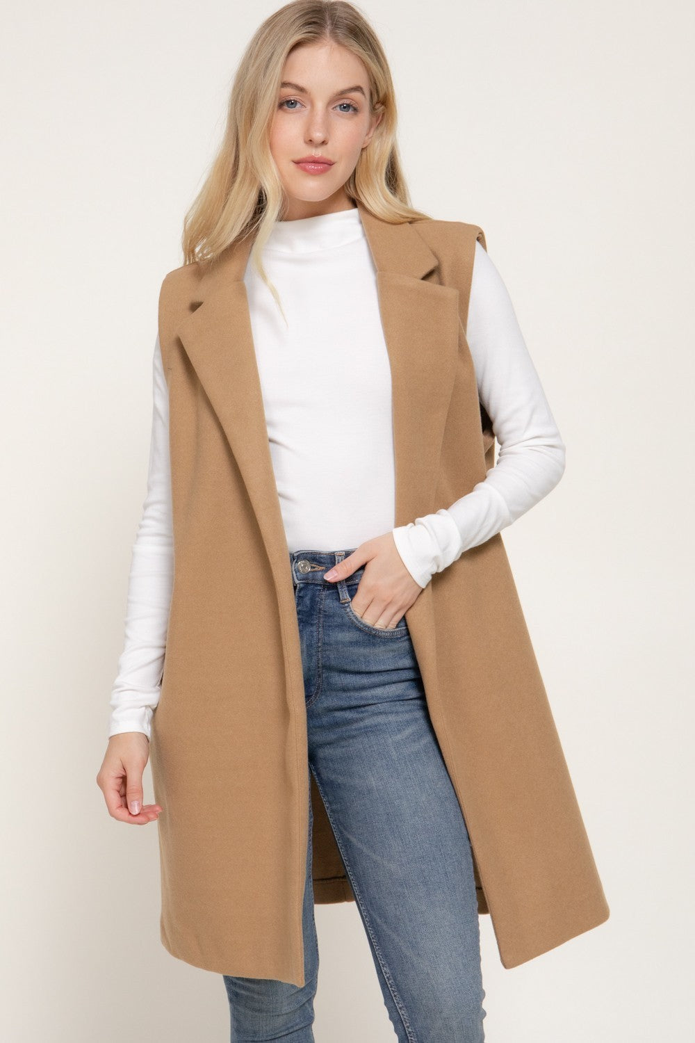 Sleeveless Notched Collar Soft Open Vest