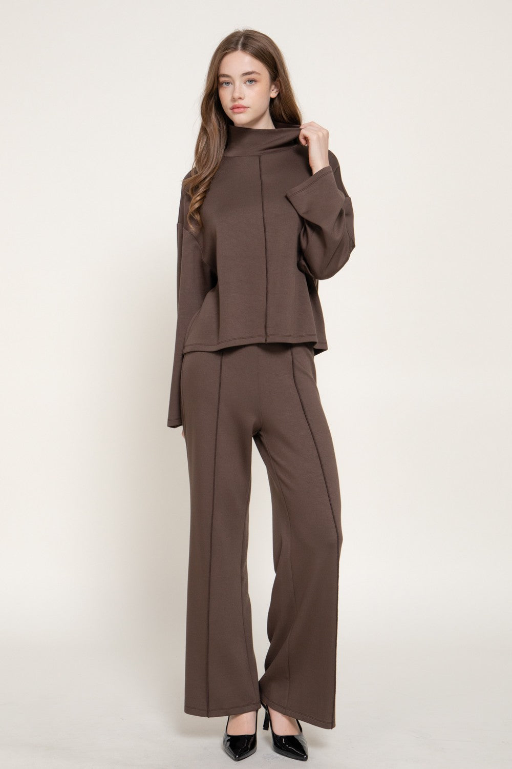 Long Slv Mock Neck Top & Straight Long Pants Set