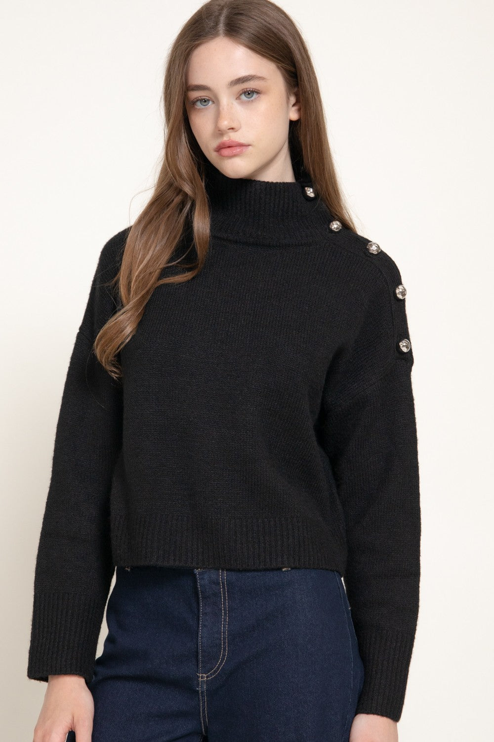 Long Slv High Neck Metal Buttoned Sweater