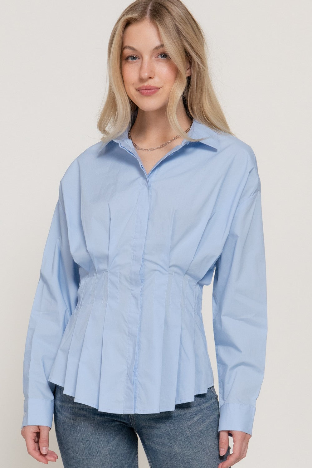 Long Slv Waist Pleated Poplin Shirt