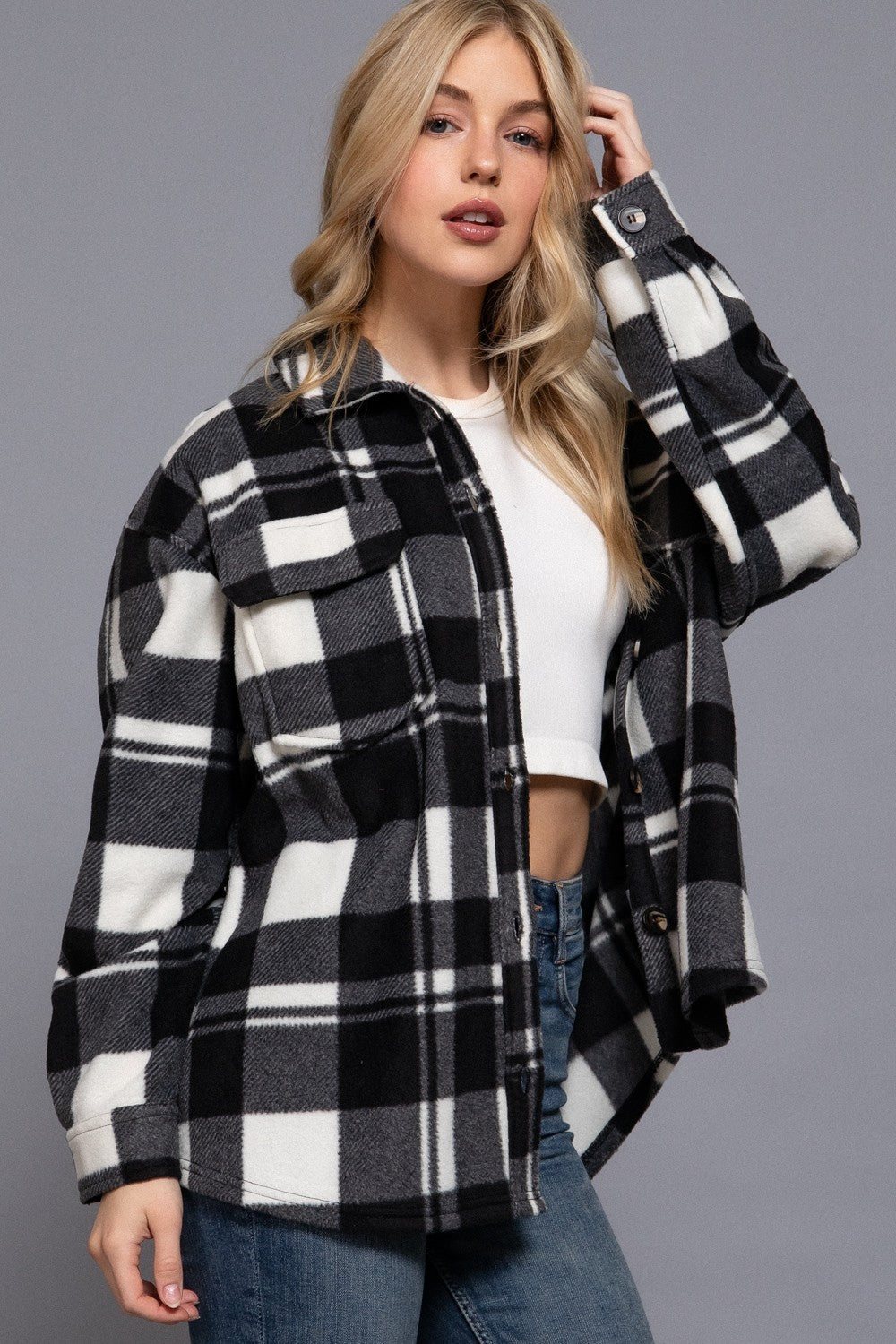 Long Slv Check Printed Fleece Shacket