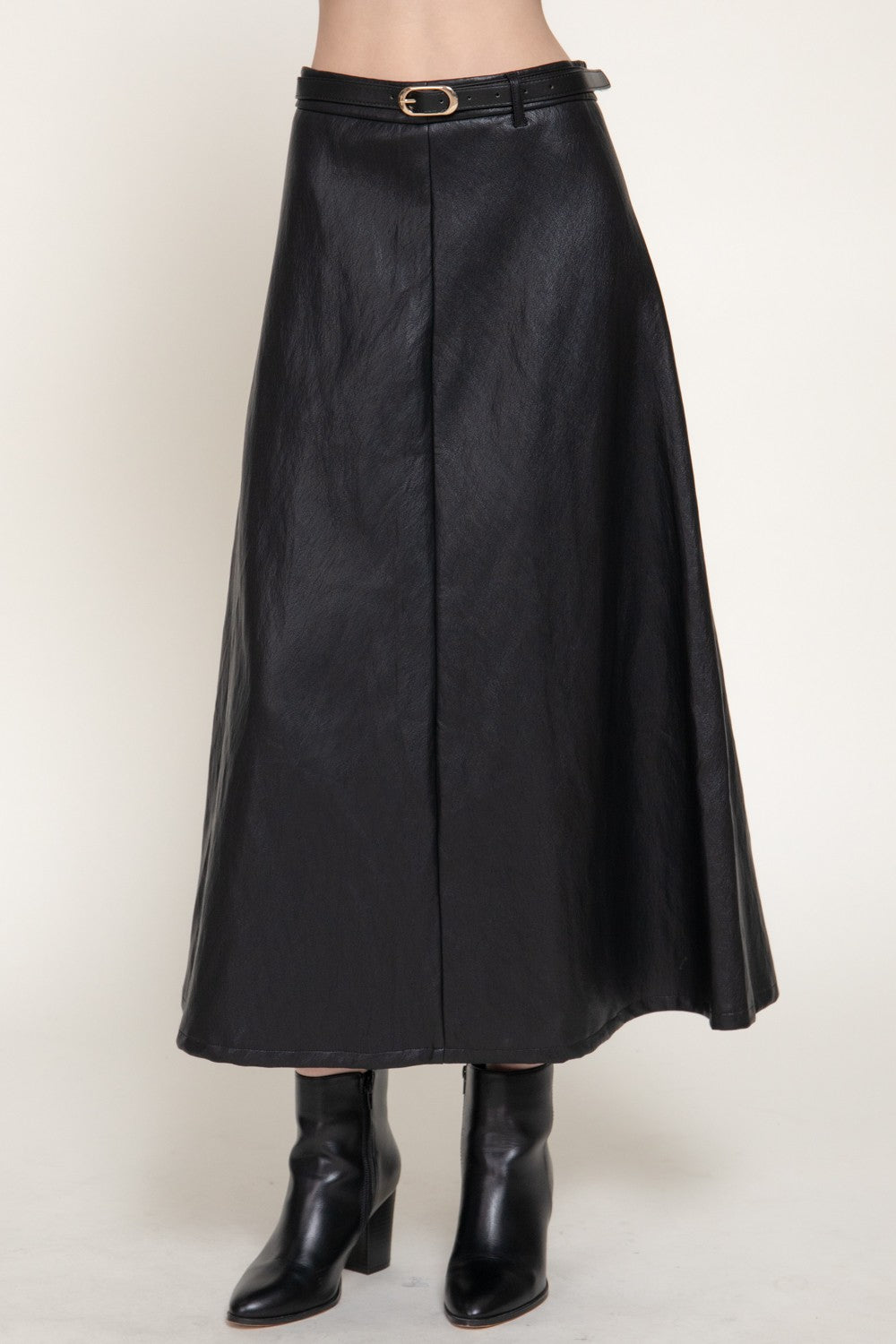 Faux Leather Belted A-line Midi Skirt