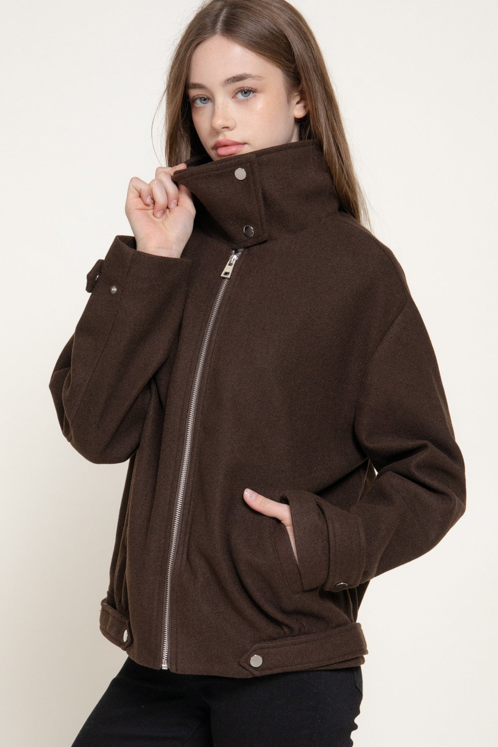 Long Sleeve High Neck Felt Bomber Jacket