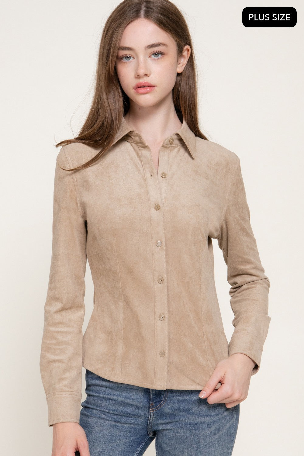 Long Sleeve Stretch Faux Suede Shirt
