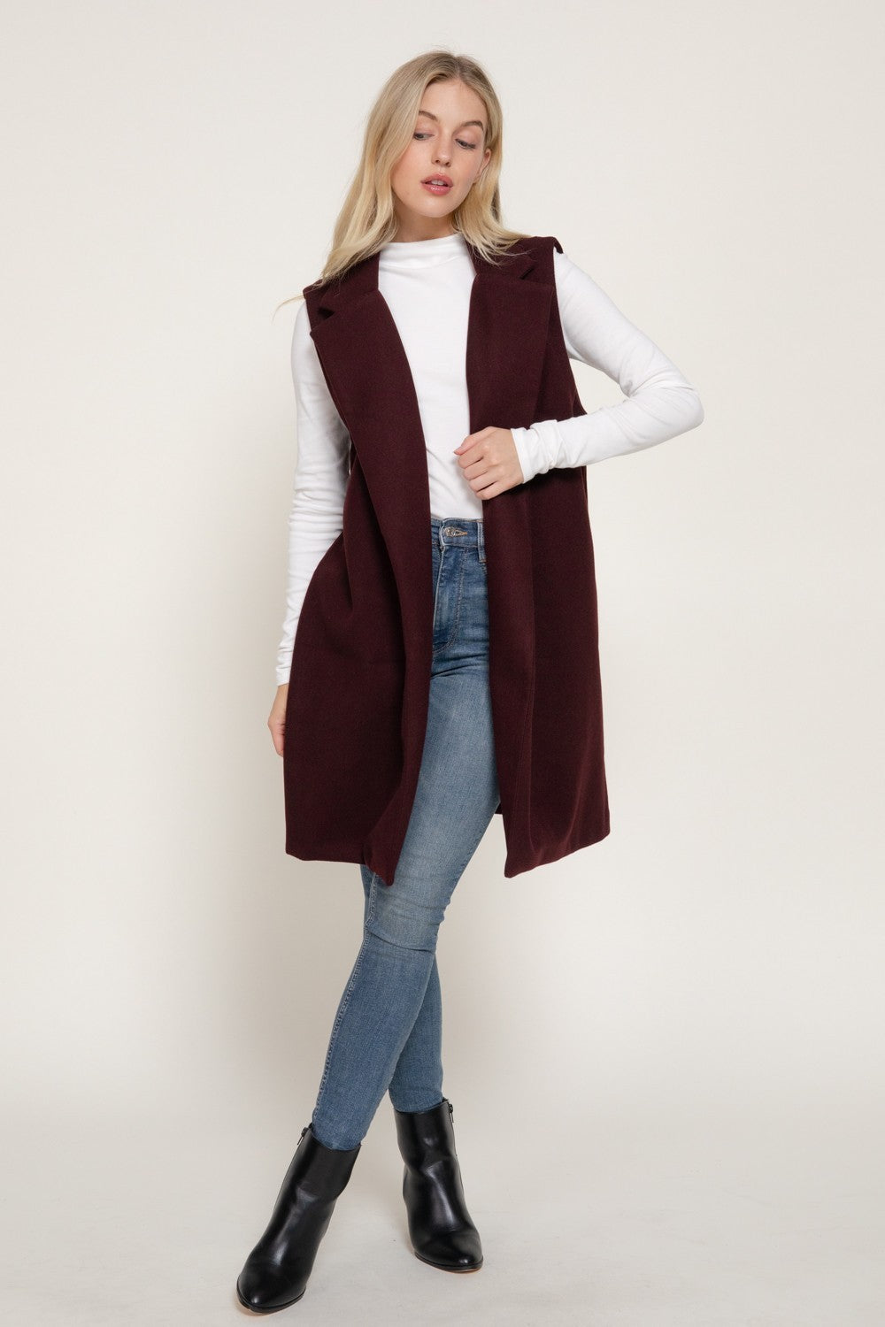 Sleeveless Notched Collar Soft Open Vest