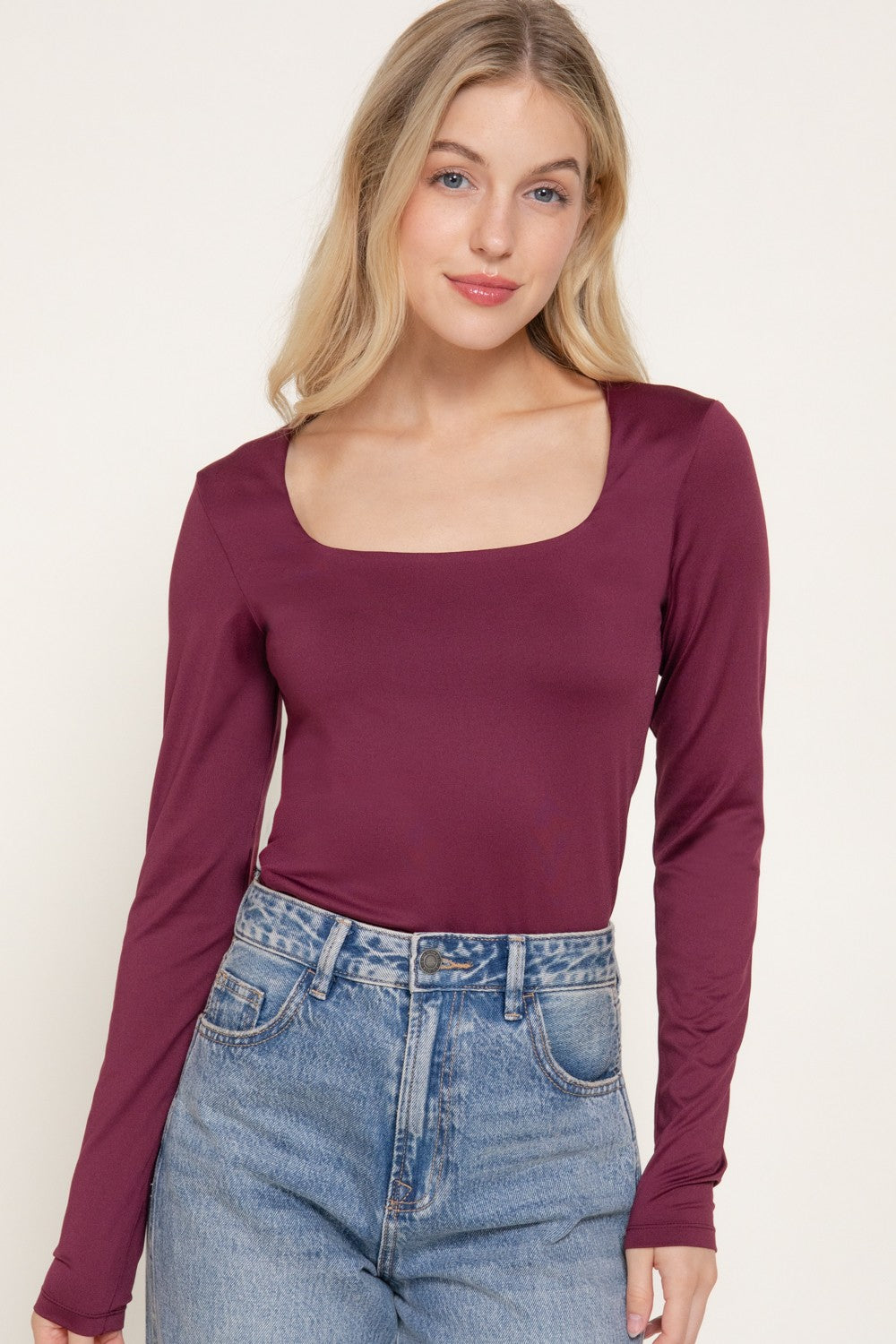 Long Slv Square Neck Double Layered Ity Knit Top