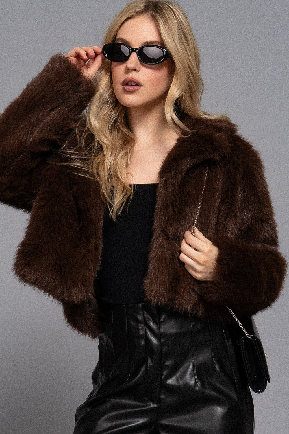 Long Slv Notched Collar Faux Fur Crop Jacket