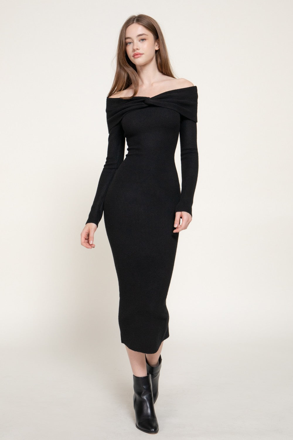 Off The Shoulder Knot Fitted Long Sweater Dress