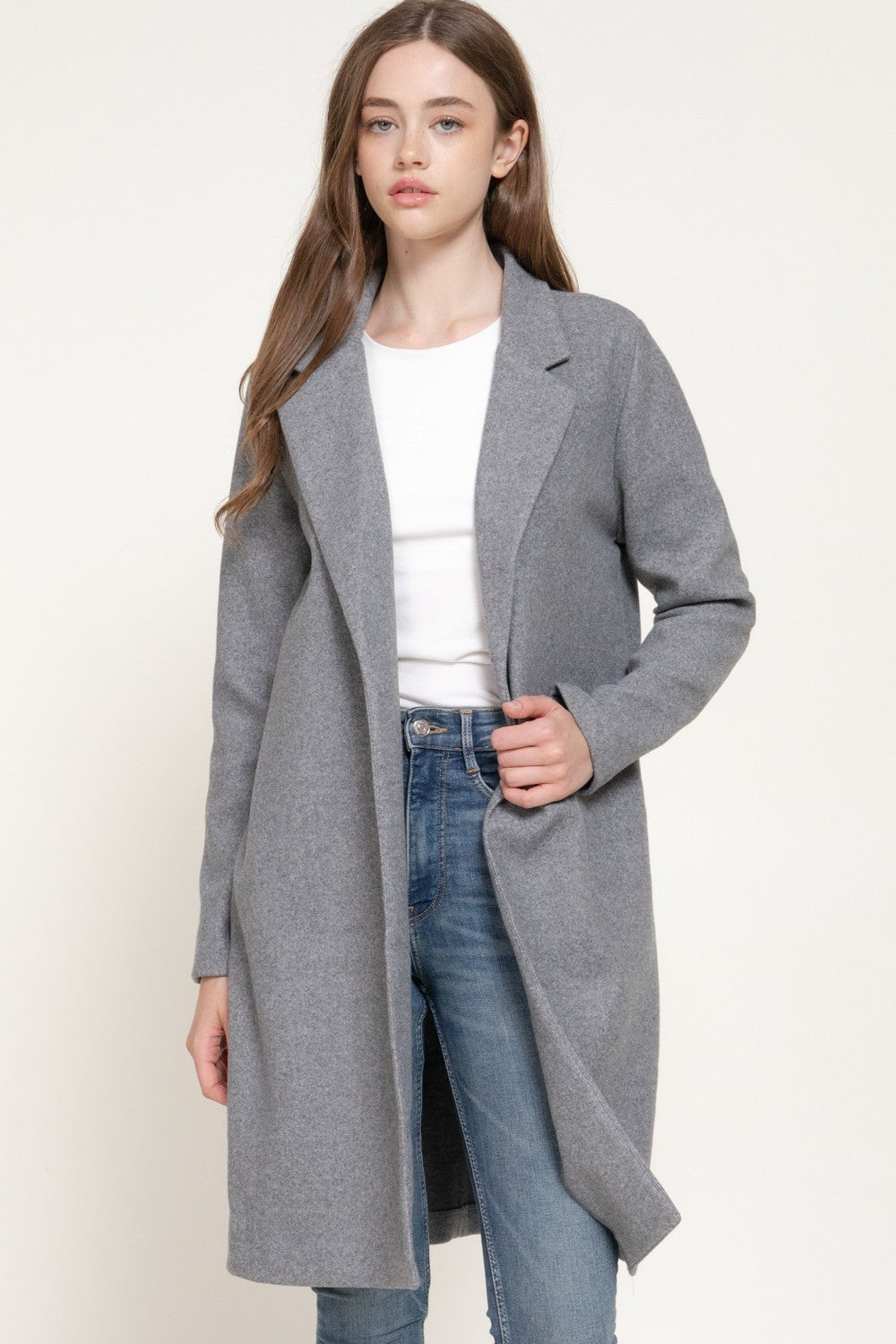 Long Slv Notched Collar Open Front Long Coat