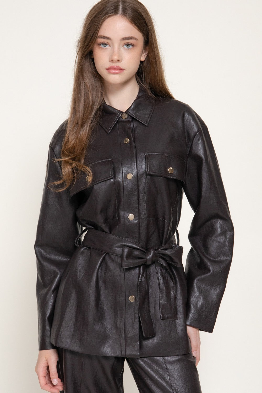Button Down Belted Faux Leather Jacket
