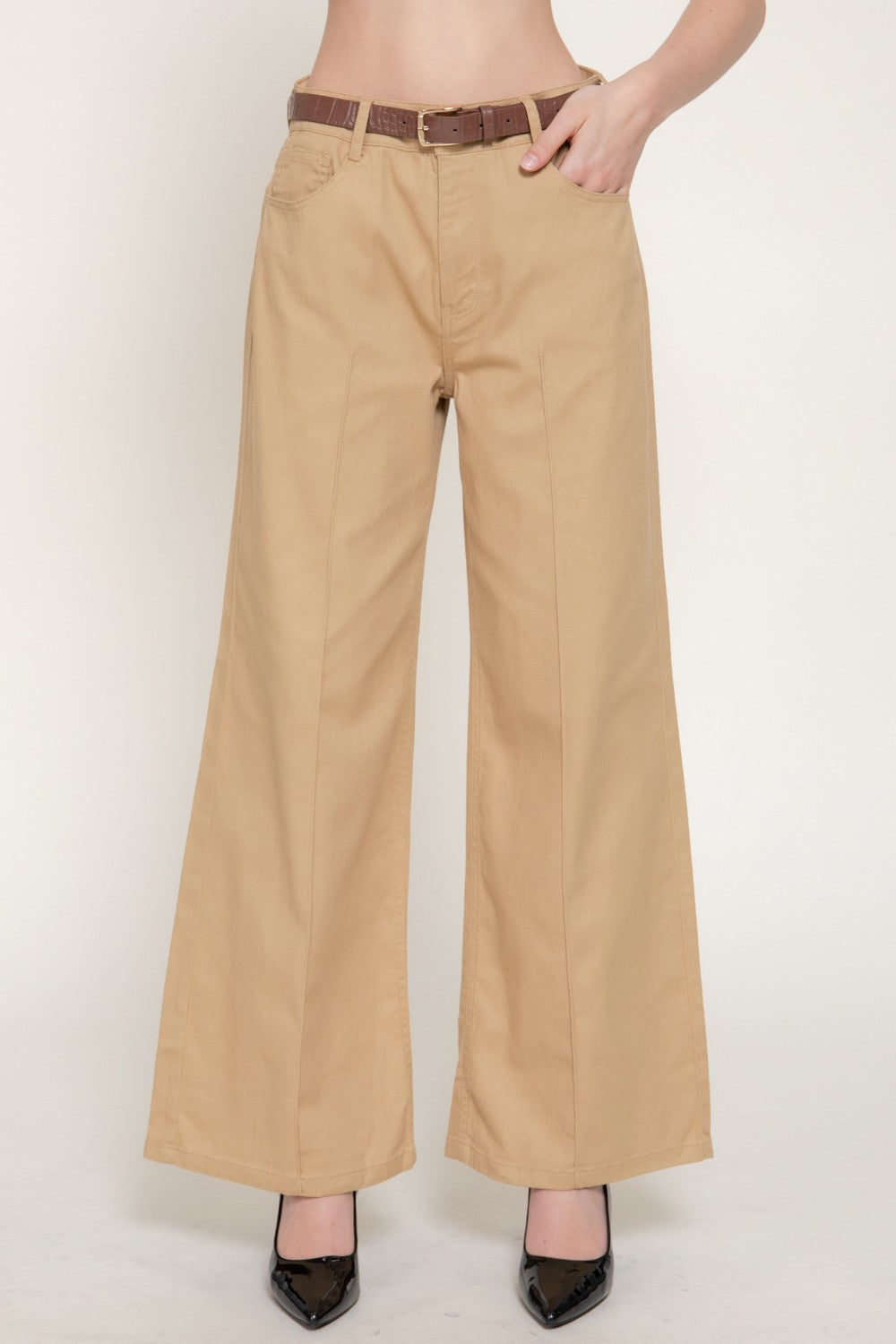 Mid Rise Belted Cotton Twill Long Pants