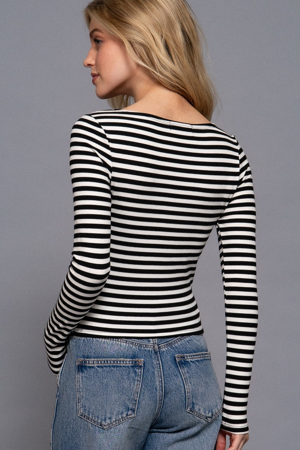 Long Slv Boat Neck Stripe Brushed Rib Top