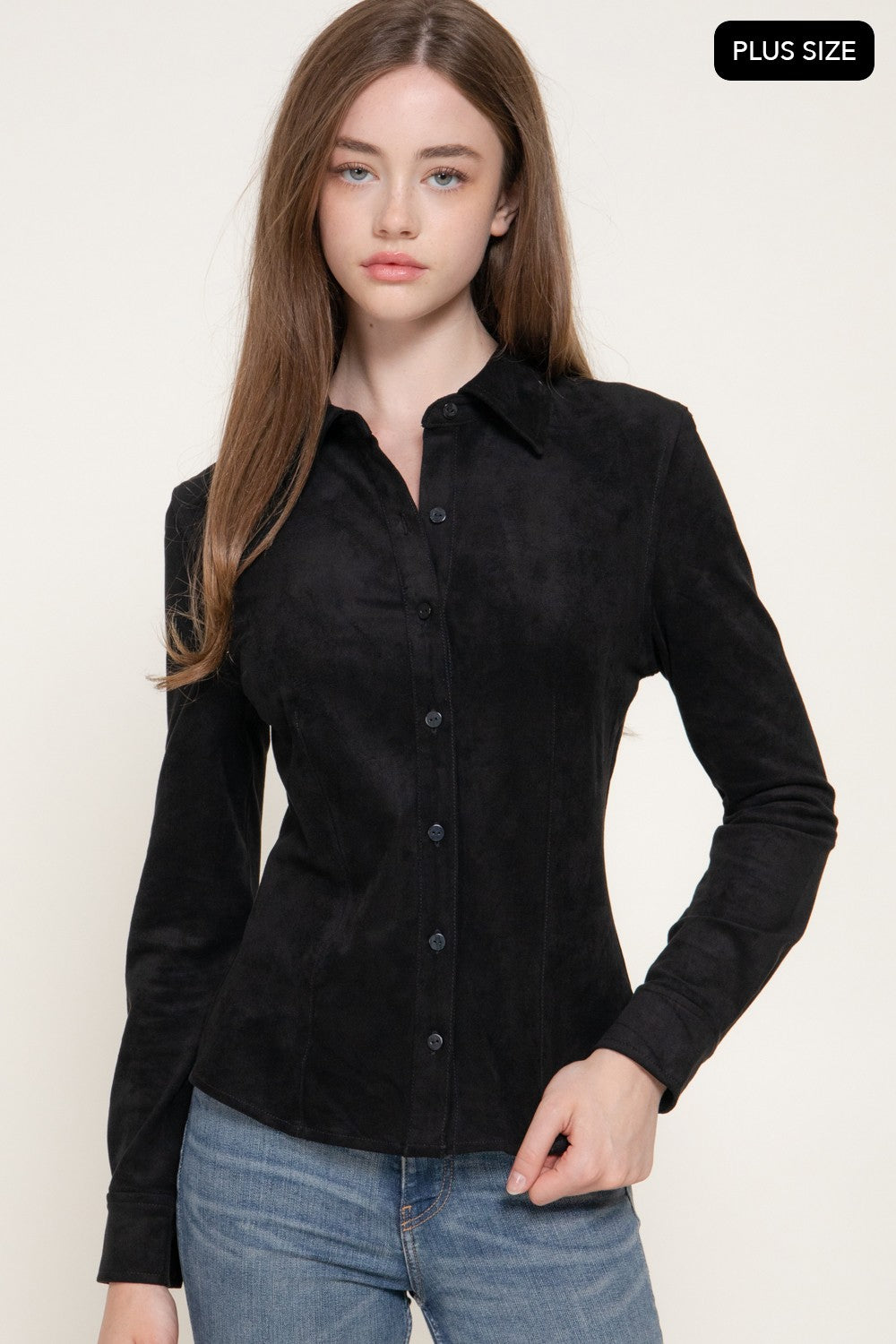 Long Sleeve Stretch Faux Suede Shirt