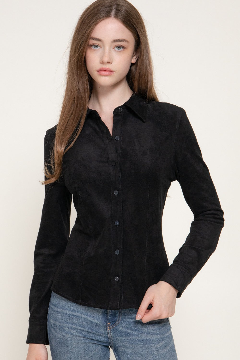 Long Sleeve Stretch Faux Suede Shirt