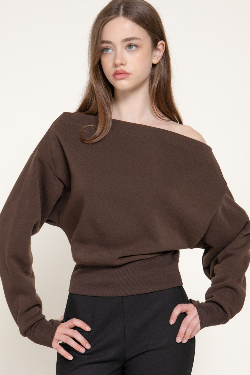 Long Sleeve Off The Shoulder Inner Fleece Top