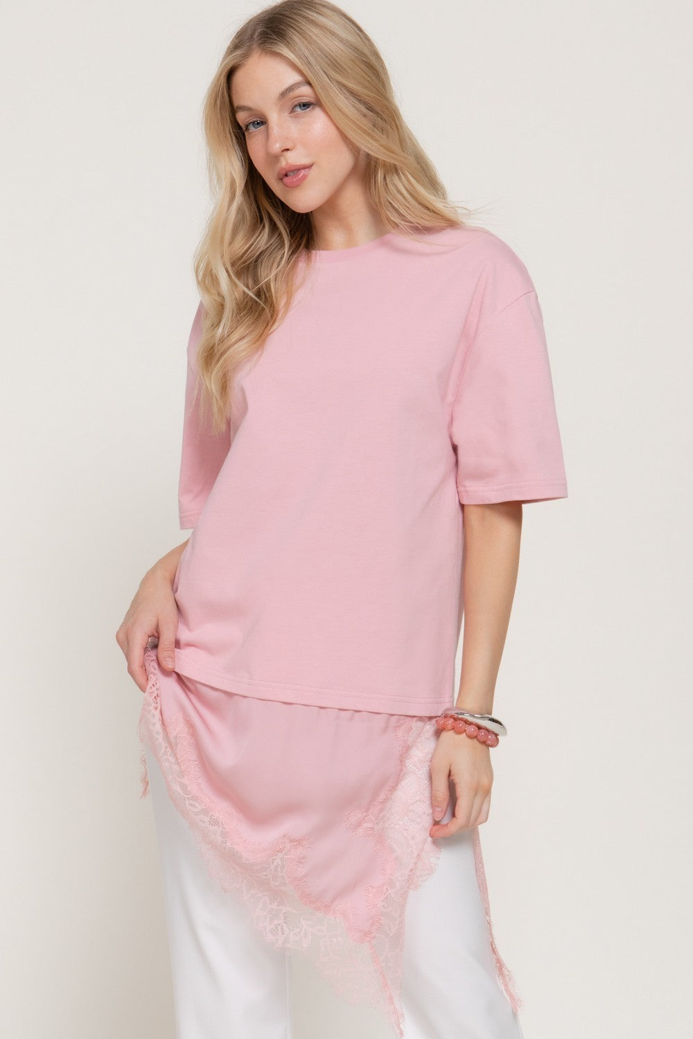 Short Slv Asymmetrical Hem Tonal Lace Knit Top
