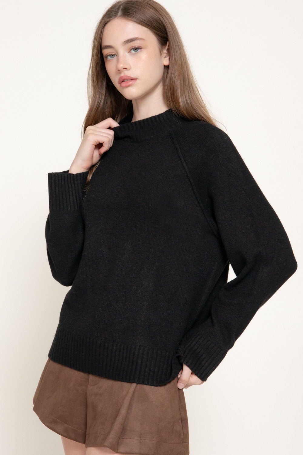 Long Raglan Slv Mock Neck Sweater