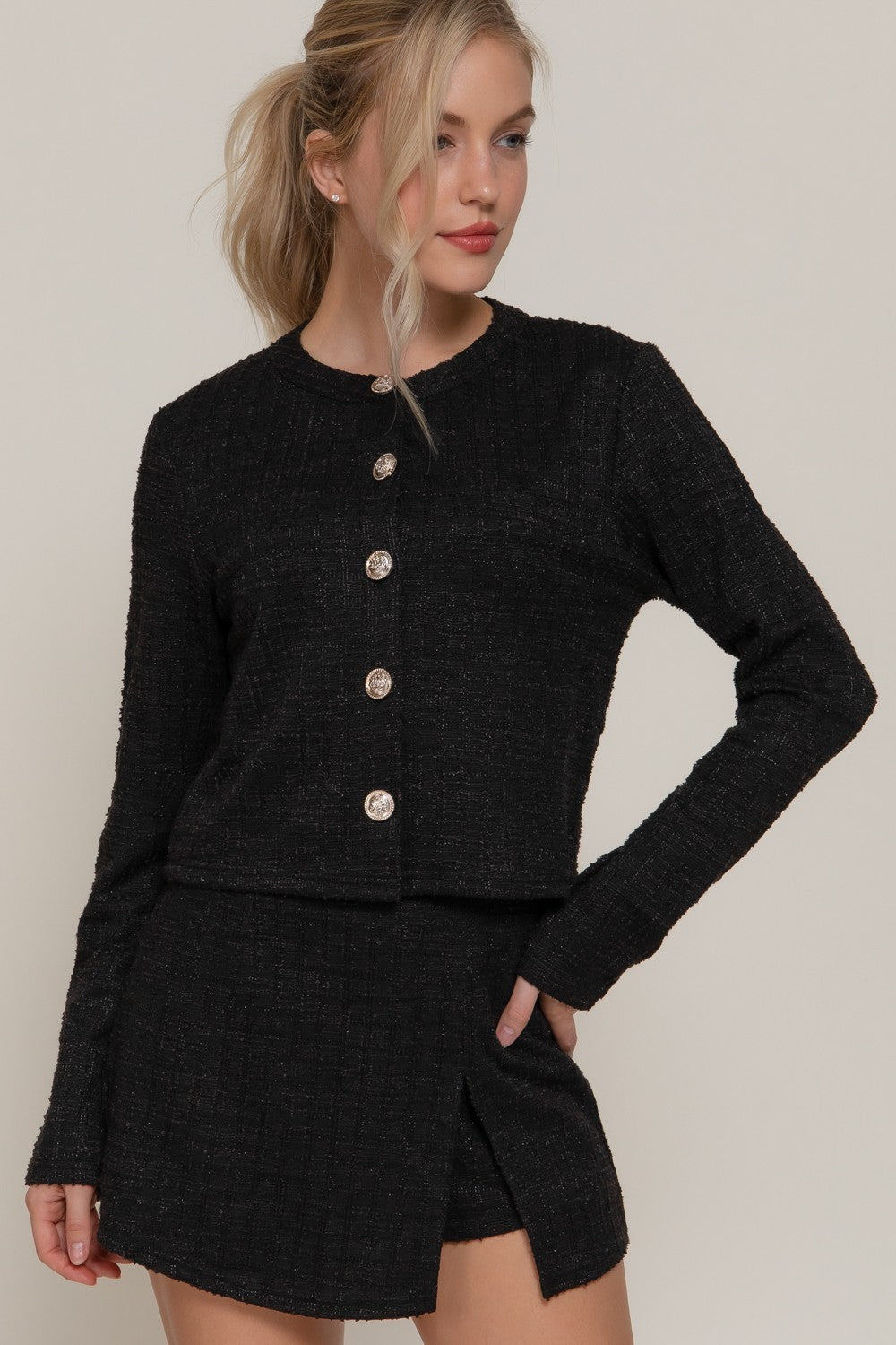 Long Sleeve Button Down Tweed Jacket