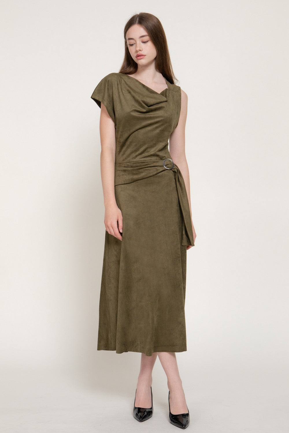 Asymmetrical Slv Belt Faux Suede Long Dress