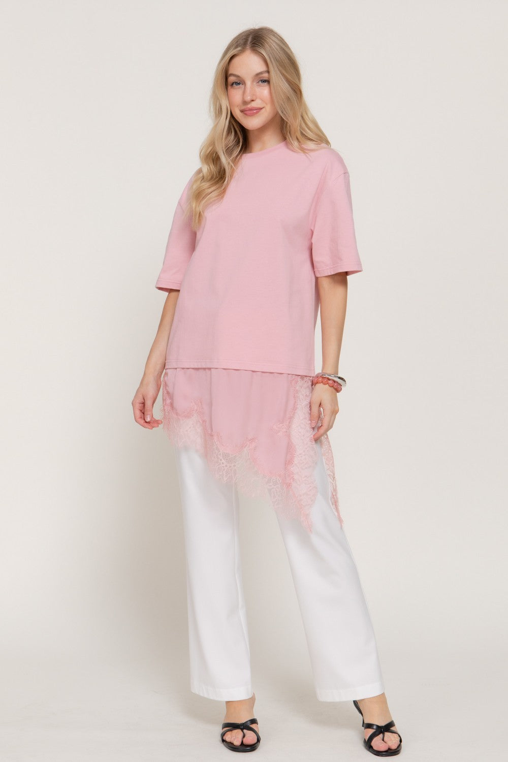 Short Slv Asymmetrical Hem Tonal Lace Knit Top