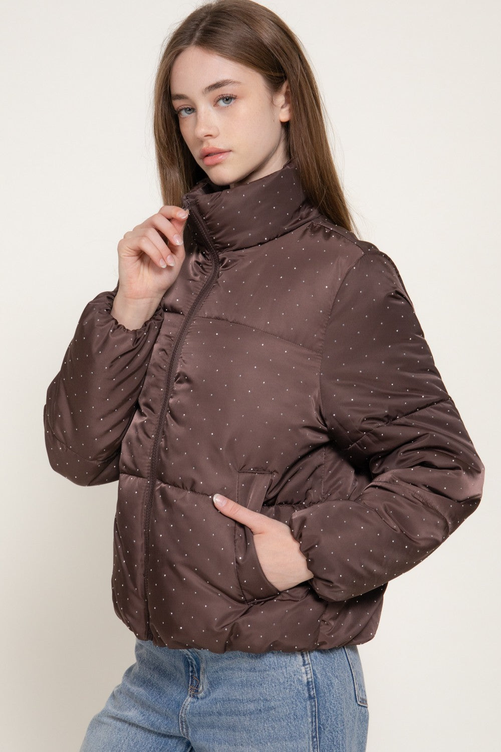 High Neck Rhinestone Detail Puffer Jacket