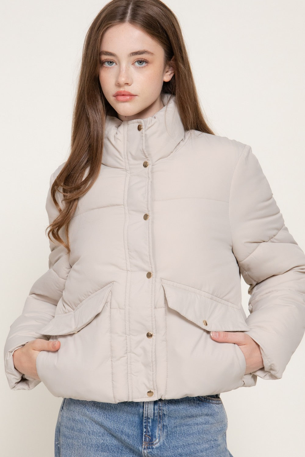 High Collar Snap Button Closure Puffer Jacket