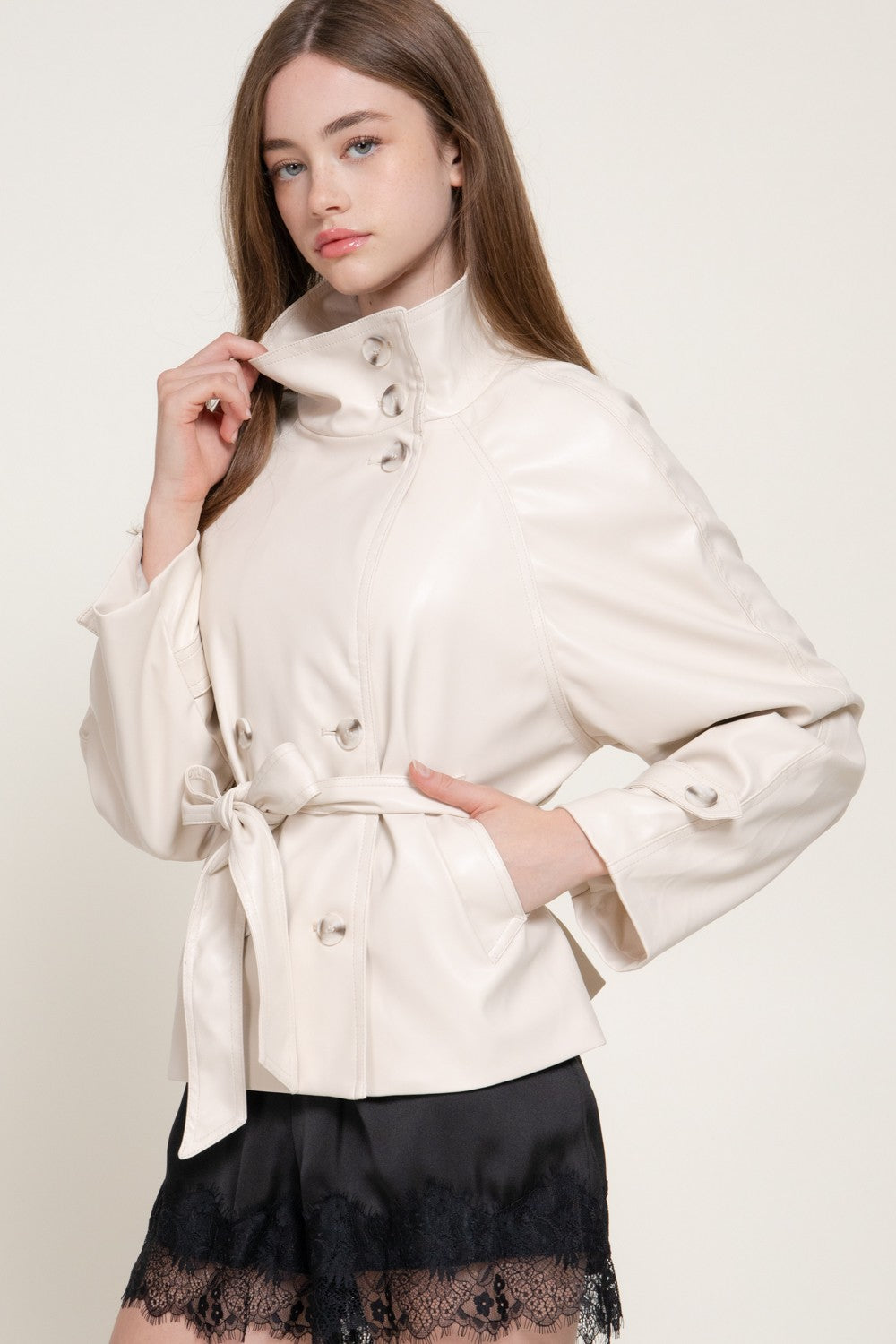 Long Sleeve High Neck Belted Aux Leather Jacket