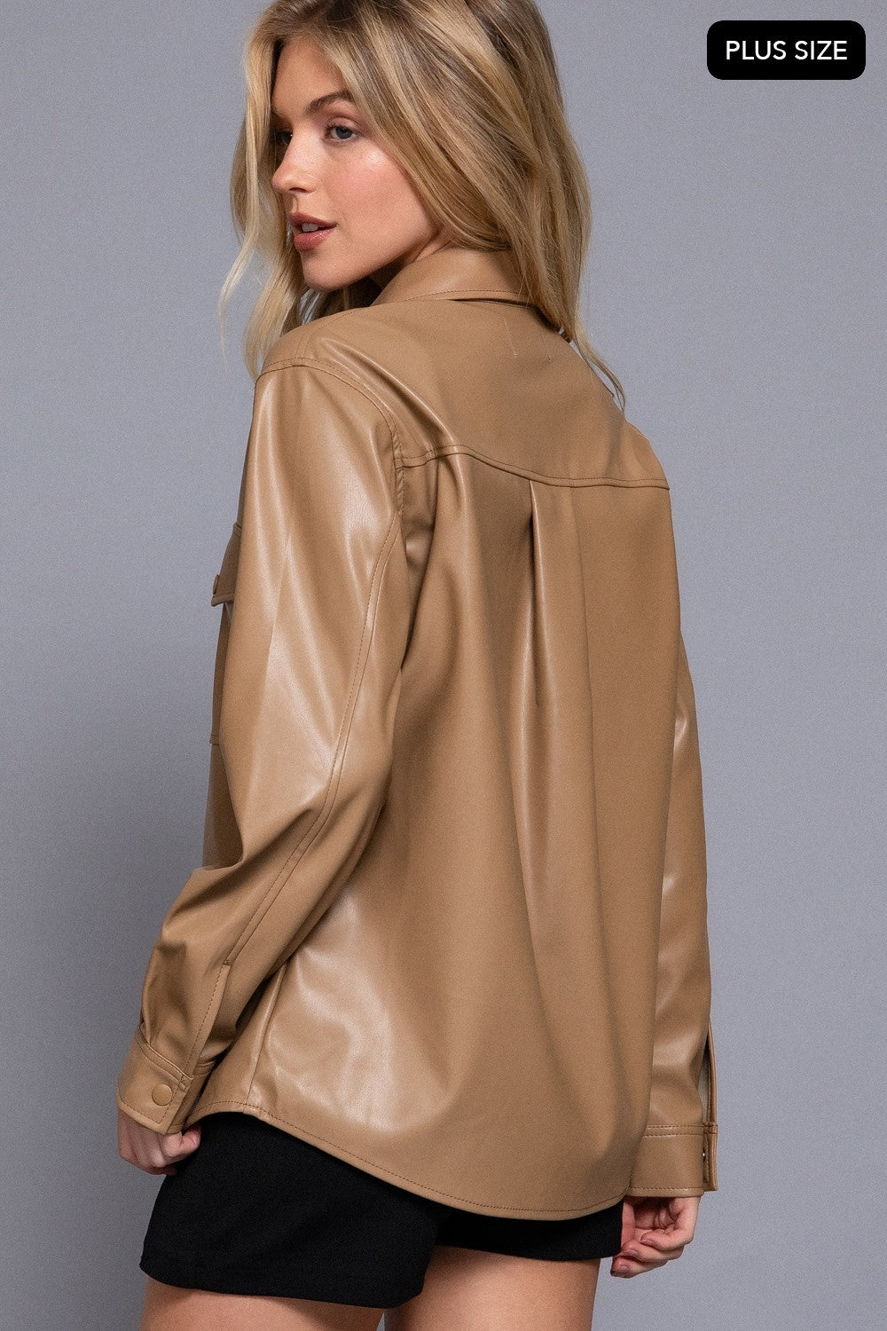 Long Slv Faux Leather Shacket