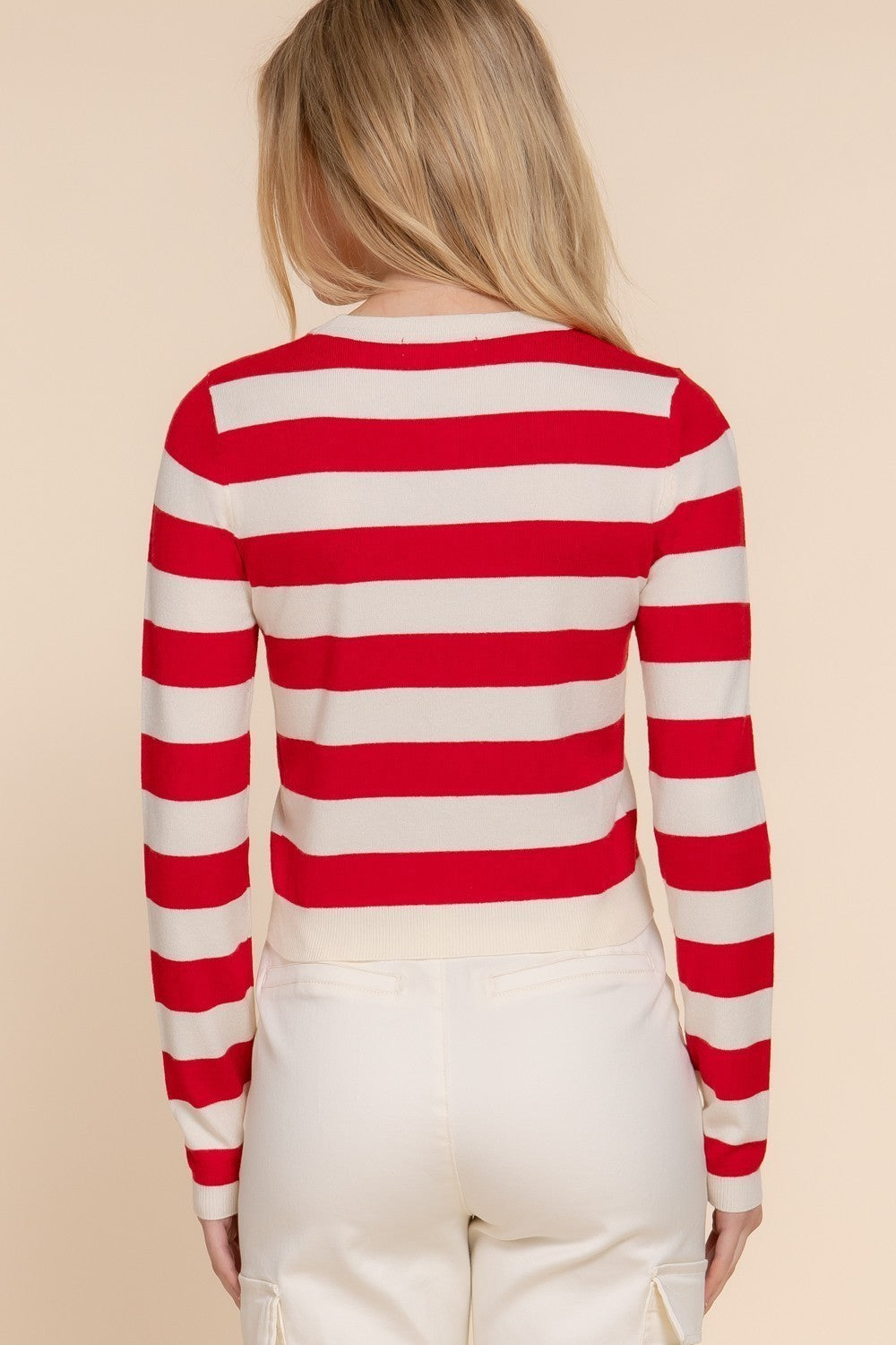 Long Slv Crew Neck Stripe Fitted Sweater