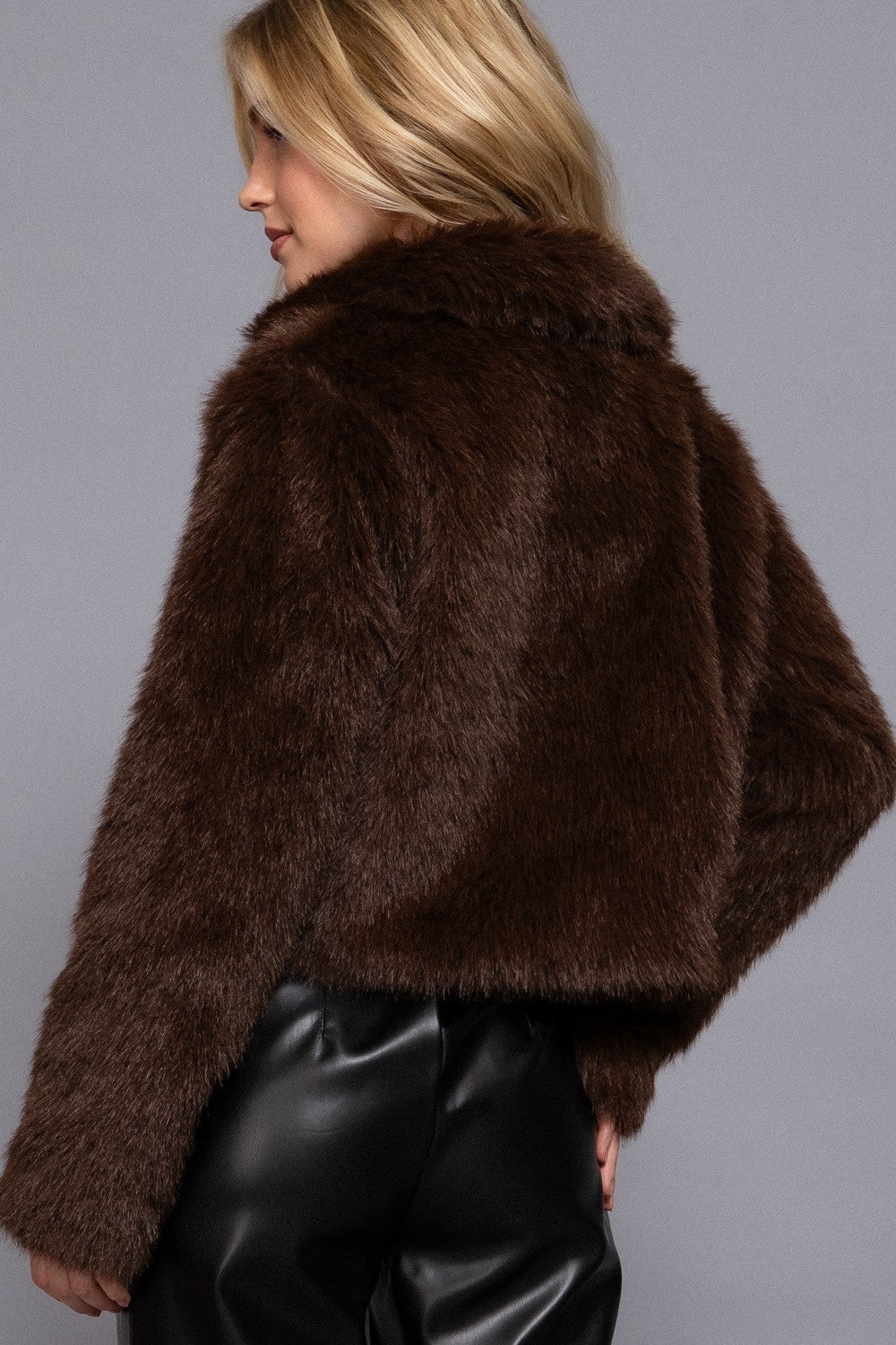 Long Slv Notched Collar Faux Fur Crop Jacket
