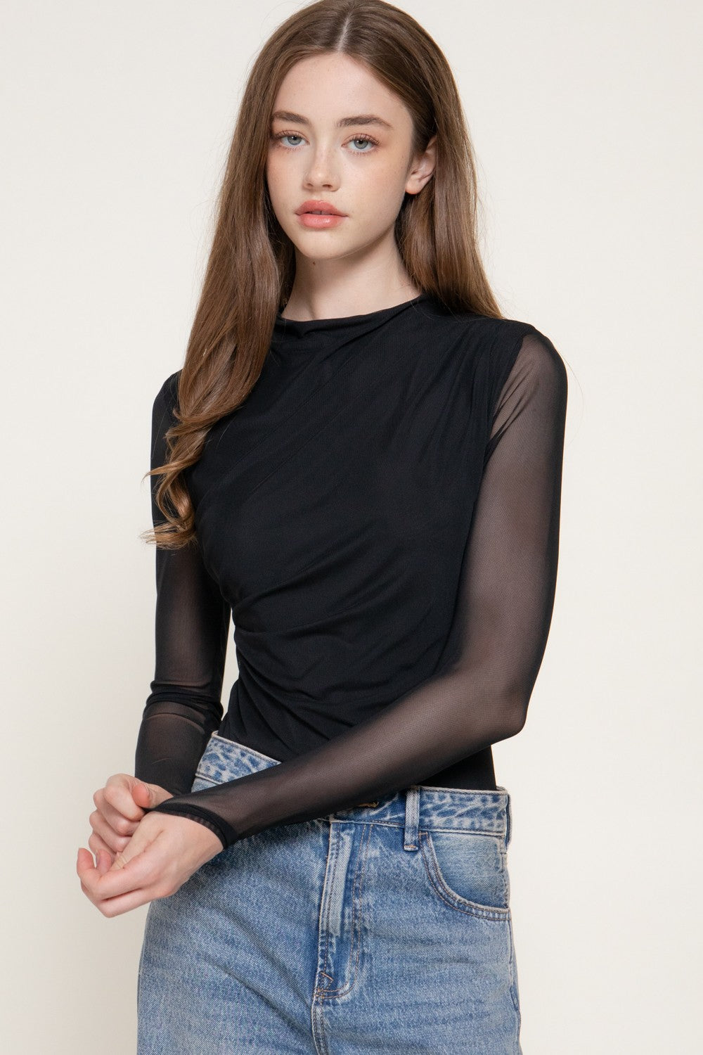 Long Slv Mock Neck Shirring Mesh Bodysuit