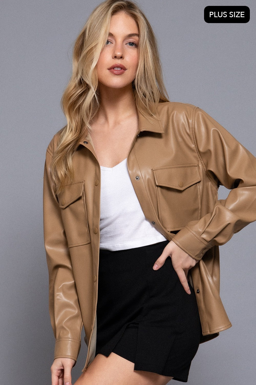 Long Slv Faux Leather Shacket