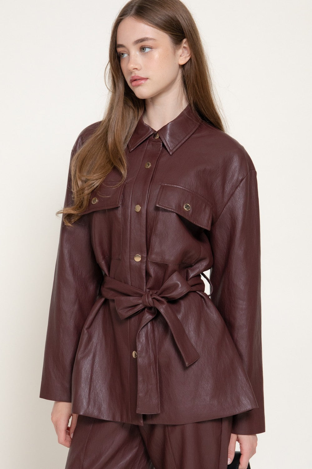 Button Down Belted Faux Leather Jacket