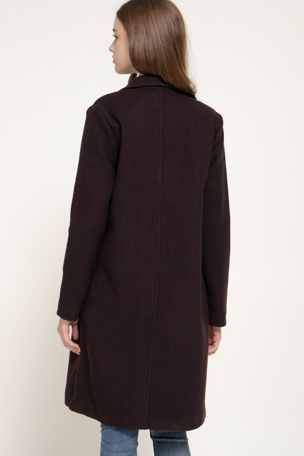 Long Slv Notched Collar Open Front Long Coat
