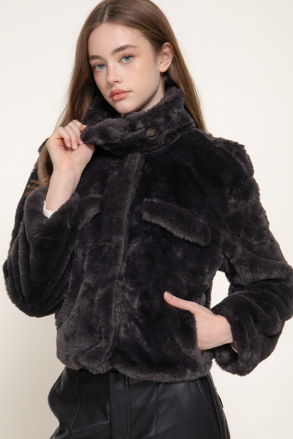 Long Slv Funnel Neck Button Down Faux Fur Jacket