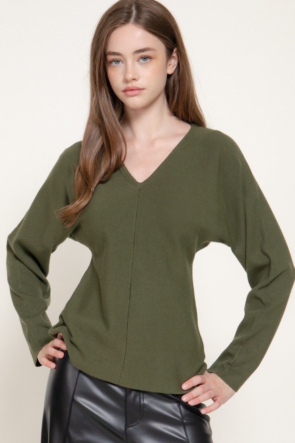 Long Sleeve V-Neck Fitted Waist Fine Knit Sweater