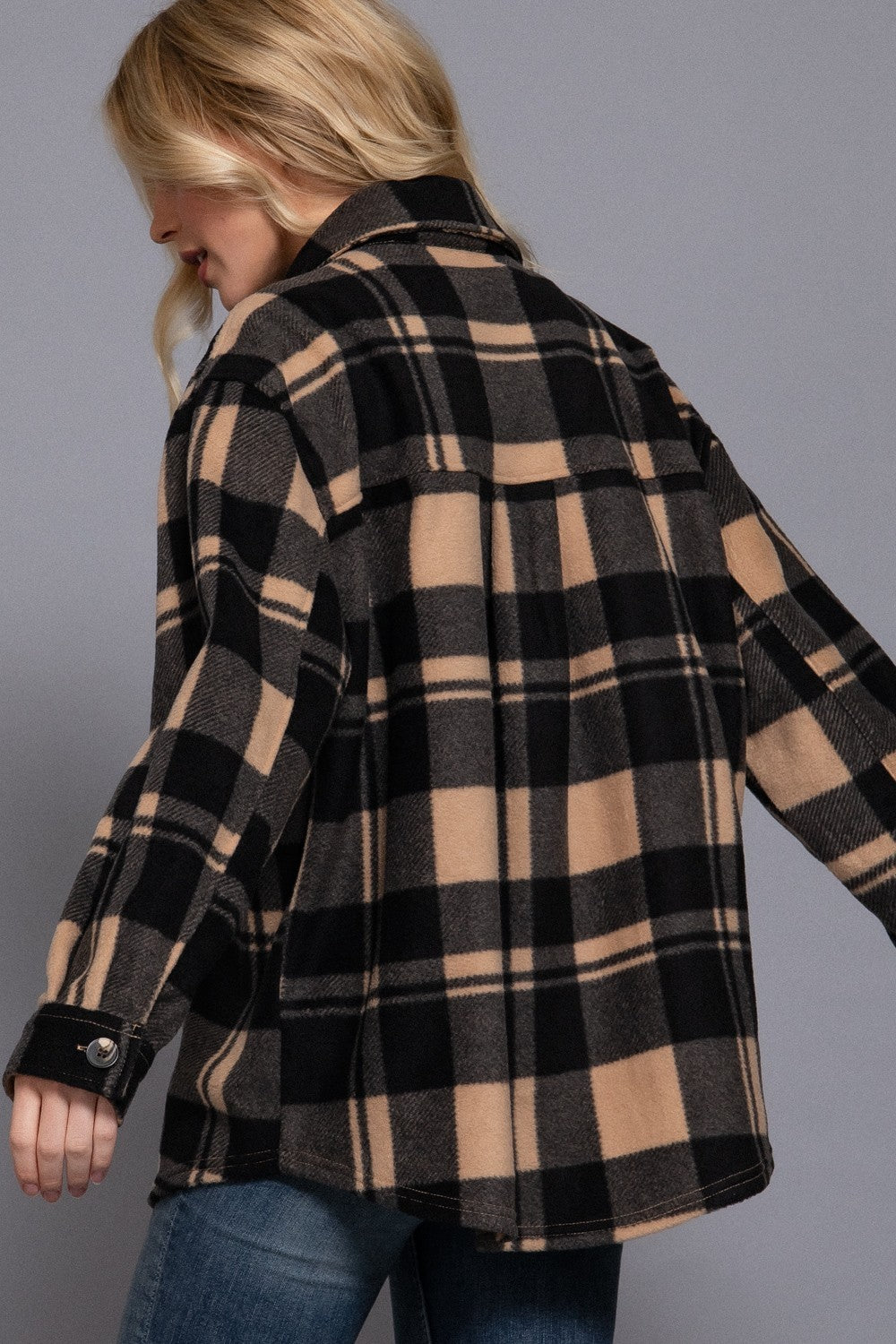 Long Slv Check Printed Fleece Shacket
