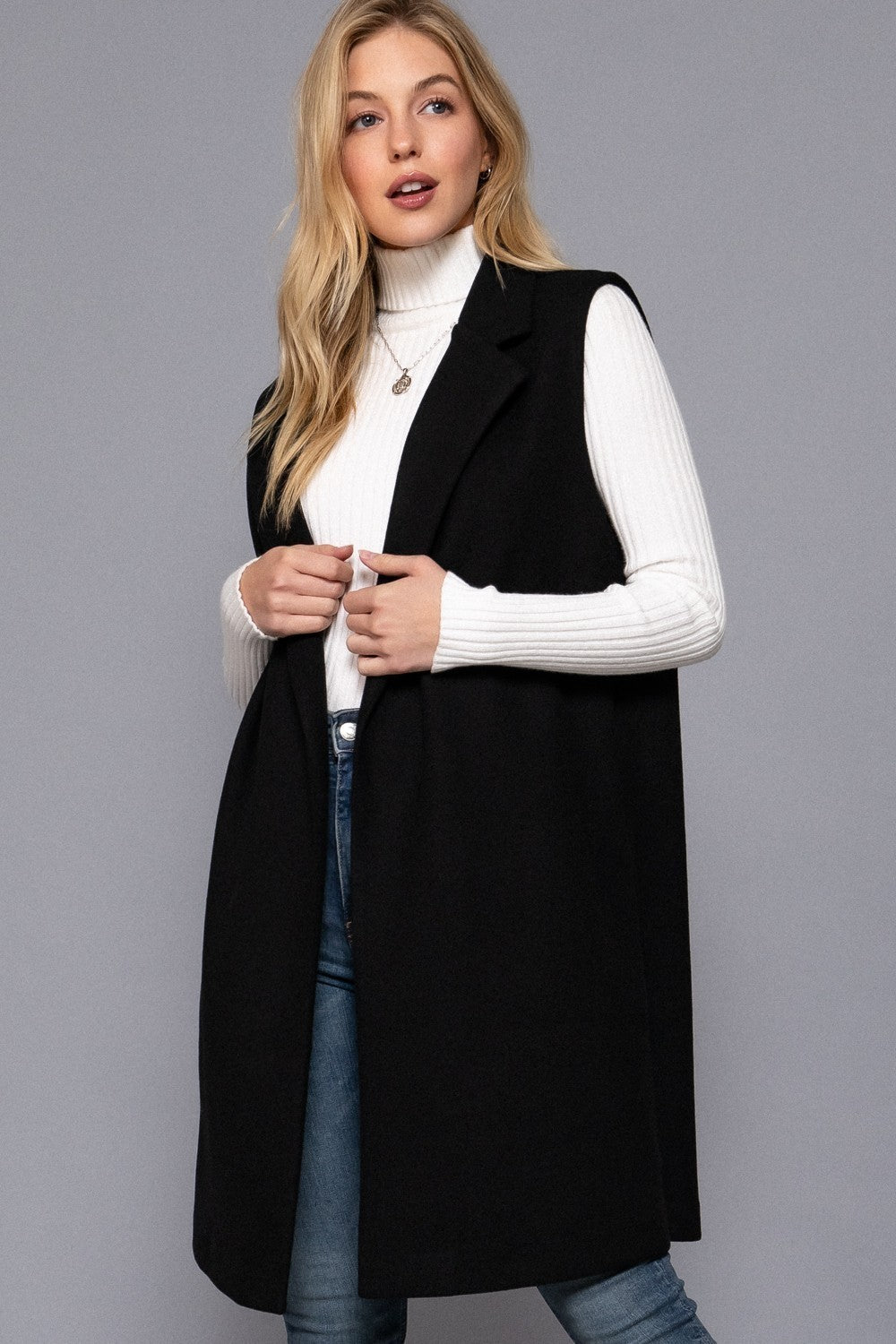 Sleeveless Notched Collar Soft Open Vest