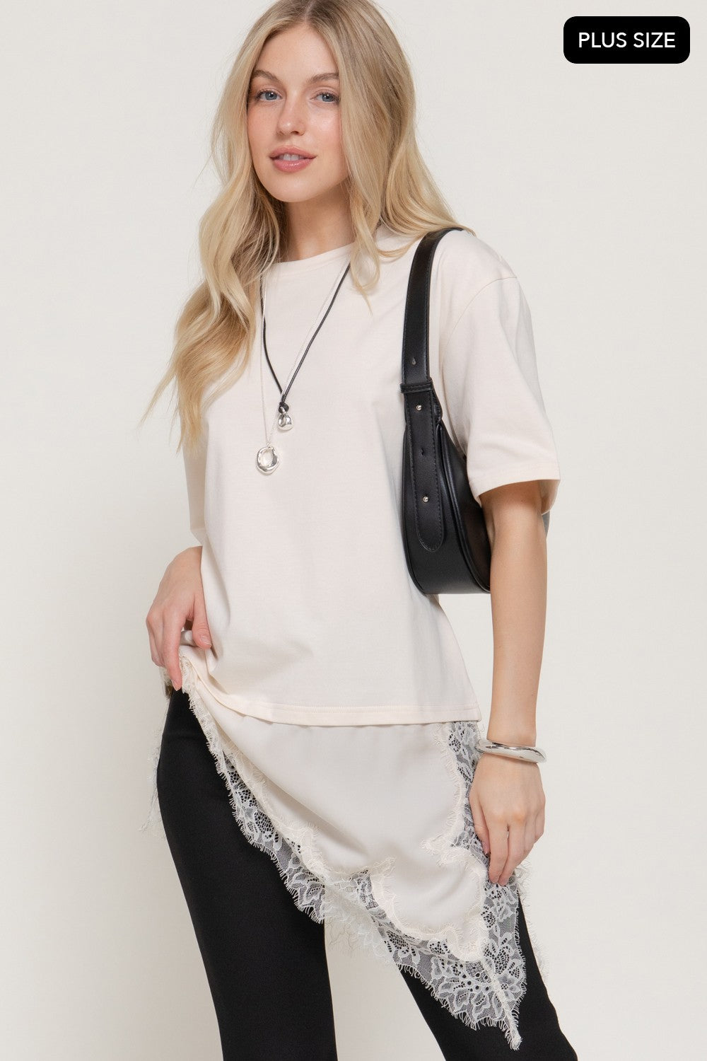 Short Slv Asymmetrical Hem Tonal Lace Knit Top