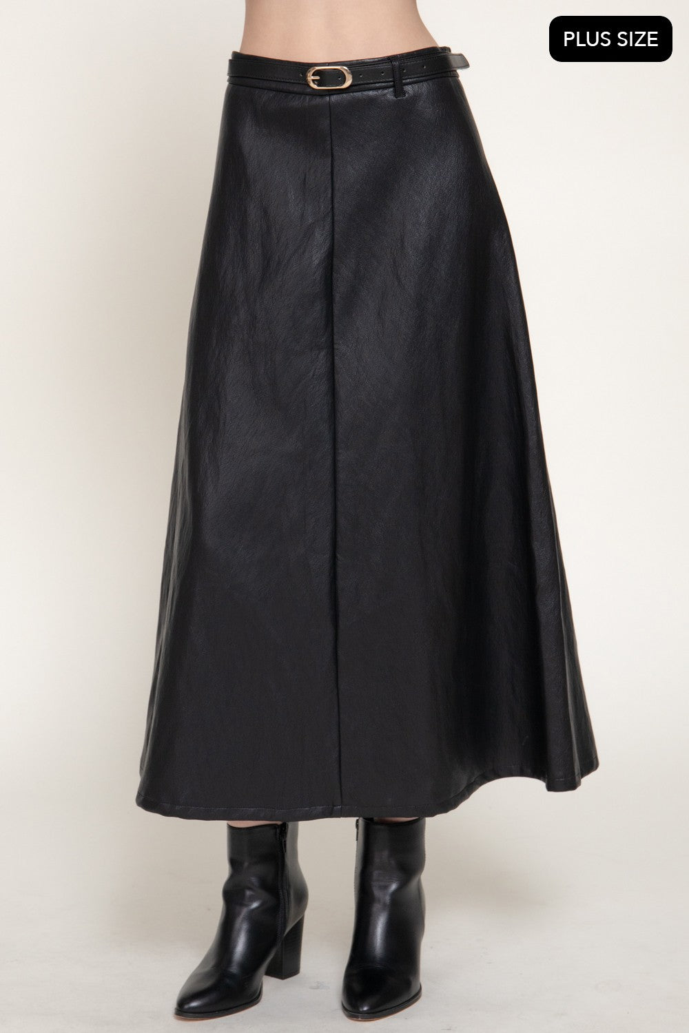 Faux Leather Belted A-line Midi Skirt