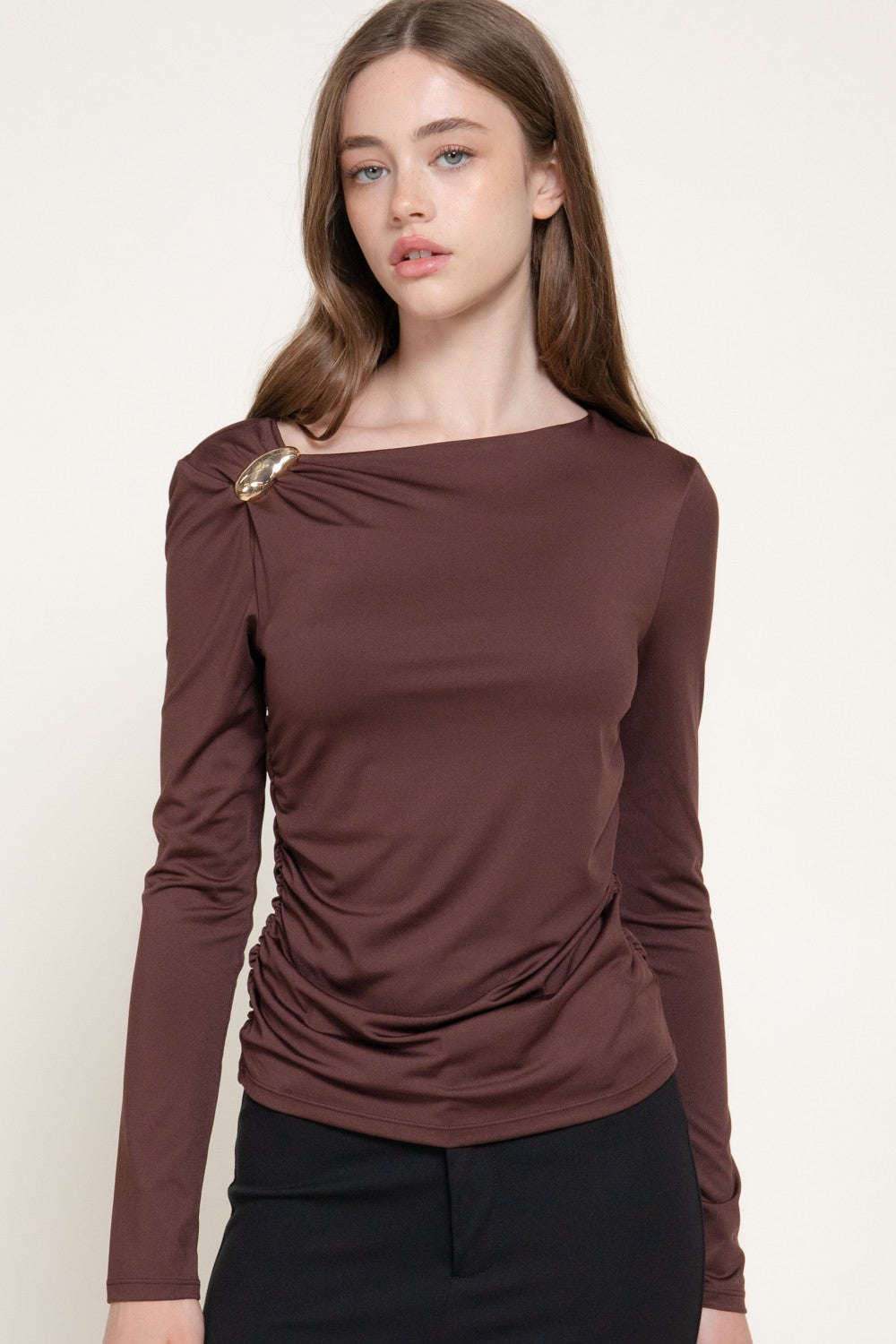 Long Sleeve Asymmetric Neck Knit Top